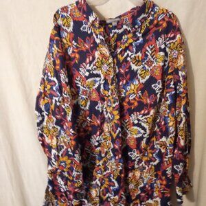 (M) Jessica London Long Sleeve Button Down Woman's Blouse 32W Floral Multi C…
